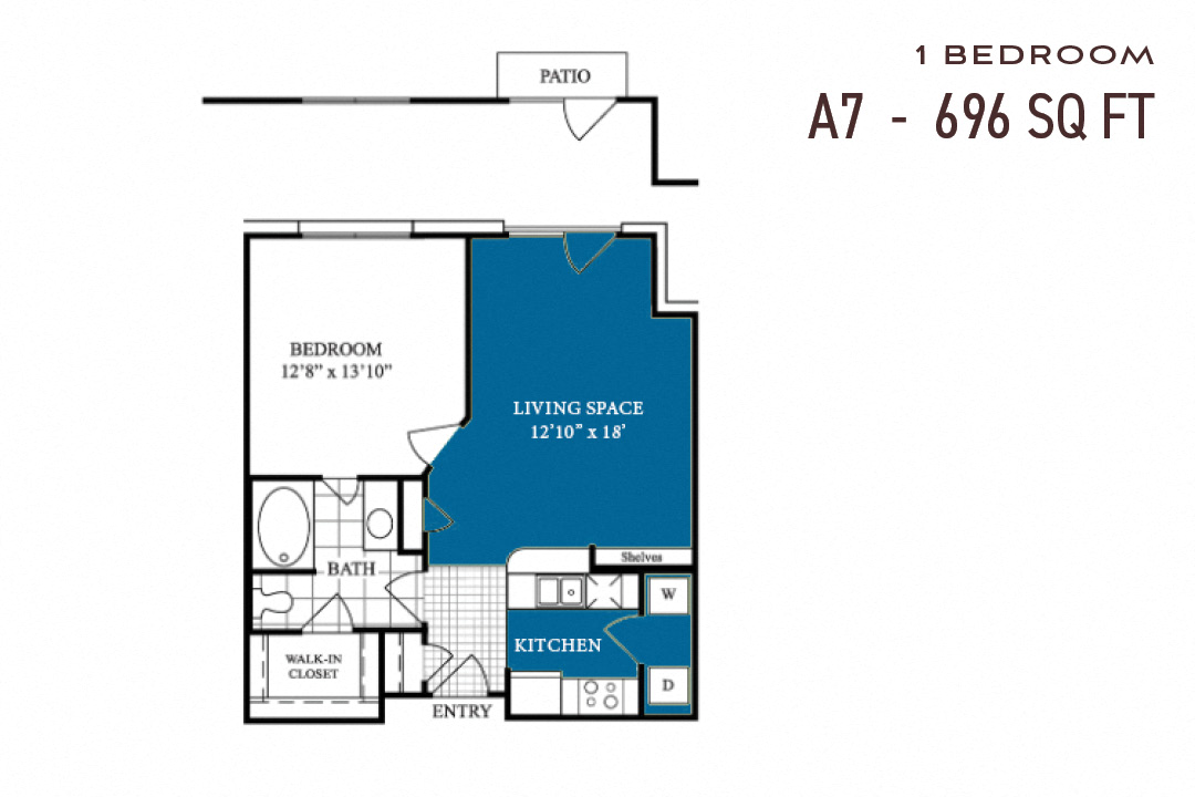 Floor plan for 1 bed, 1 bath, 696 sqft